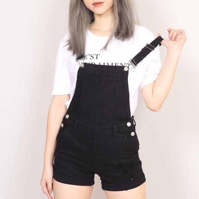 Quần Yếm bò Nữ Đen Trắng Rách Gập Gấu có dây điều chỉnh CT JEANS