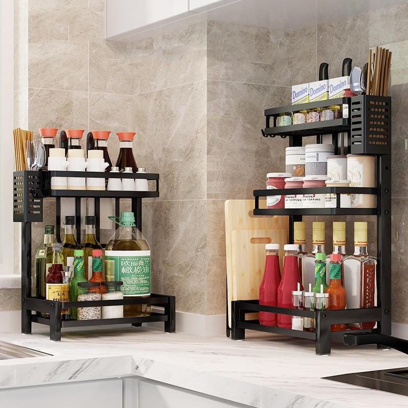 Kệ gia vị 2 tầng inox đa năng cực chắc chắn, đủ giỏ đựng đũa thìa, dao thớt phủ sơn tĩnh điện cao cấp