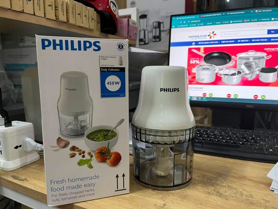Máy xay thịt mini cầm tay PHILIPS HR1393/00 dung tích 0.7L công suất 450W - Xay ăn dặm, xay cháo cho bé- Hàng Chính Hãng