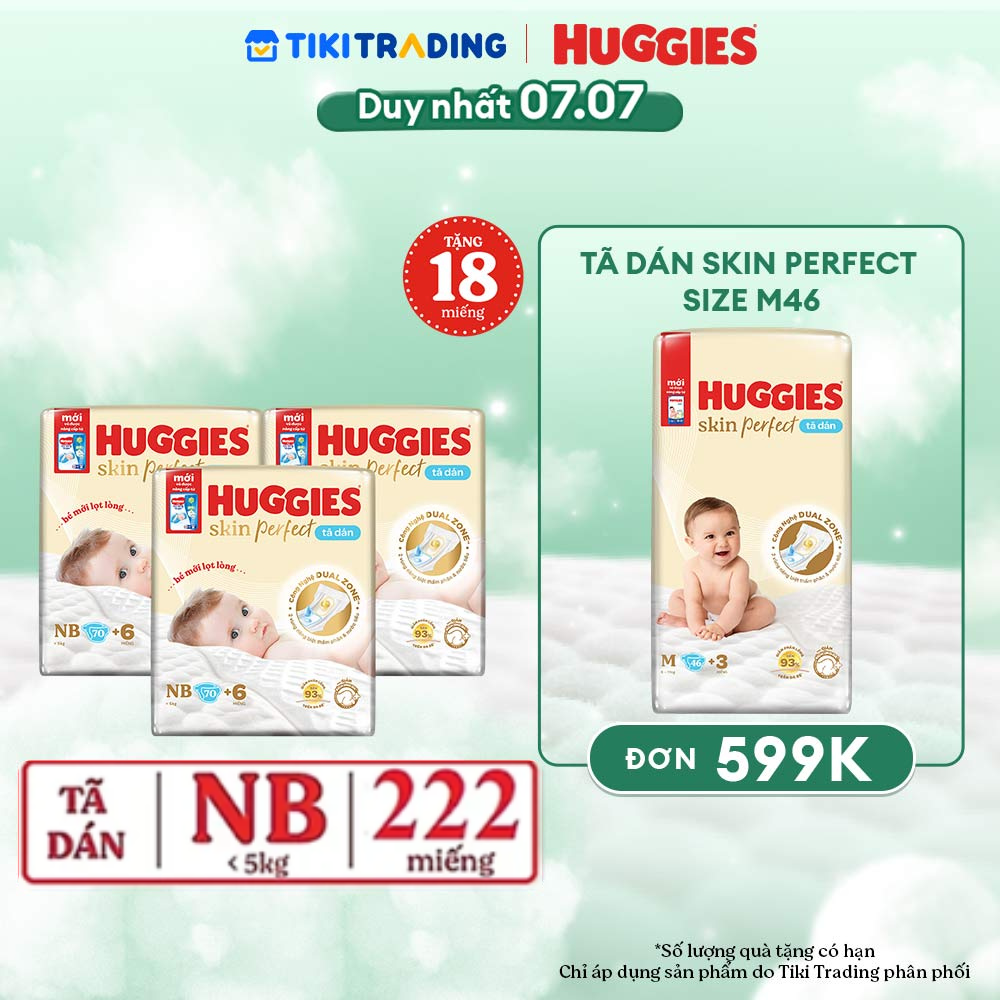 Combo 3 gói Tã/bỉm dán sơ sinh Huggies Skin Perfect NB 70+4 miếng với 2 vùng thấm giảm kích ứng da