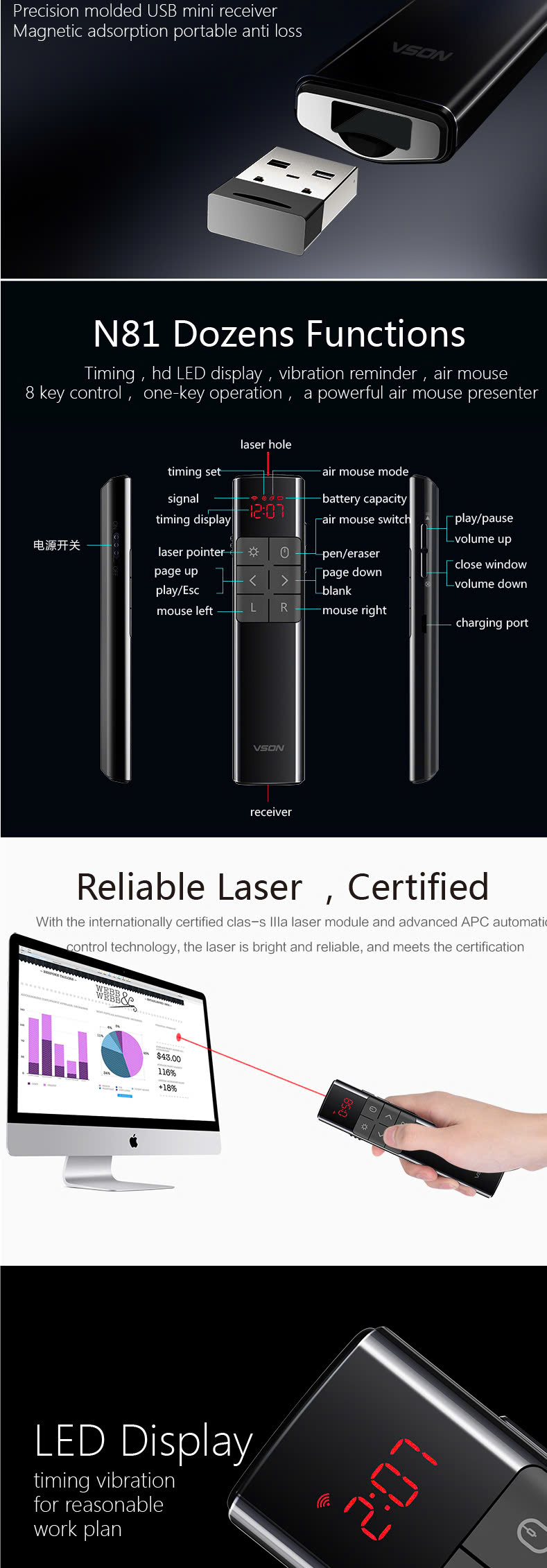Bút Trình Chiếu VSON N81 – Chuột Không Dây &amp; Laser Đỏ, Hỗ Trợ Hẹn Giờ &amp; Rung Nhắc, Điều Khiển Từ Xa 30m - Hàng nhập khẩu