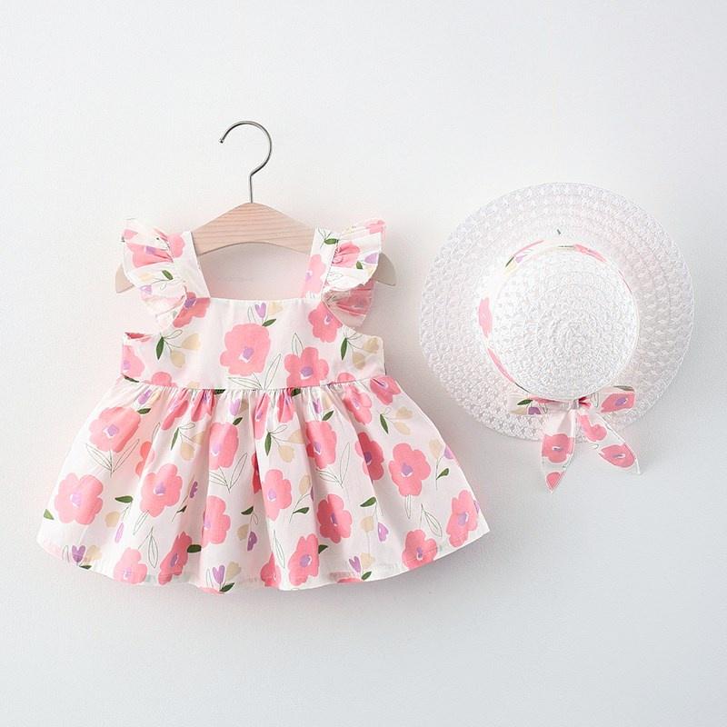Váy đầm cho bé gái kèm mũ rộng vành xinh xắn, đầm đi biển cho bé từ 8-15kg Easy Baby