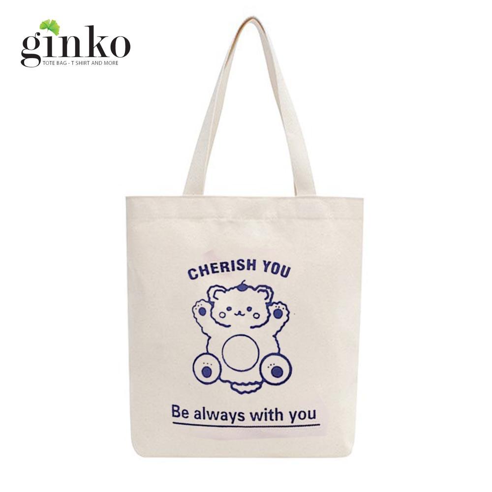 Túi Tote Vải Mộc Ginko kiểu basic có dây kéo khóa miệng túi đựng vừa laptop 14 inch và nhiều đồ dùng khác In Hình Cherish You M19