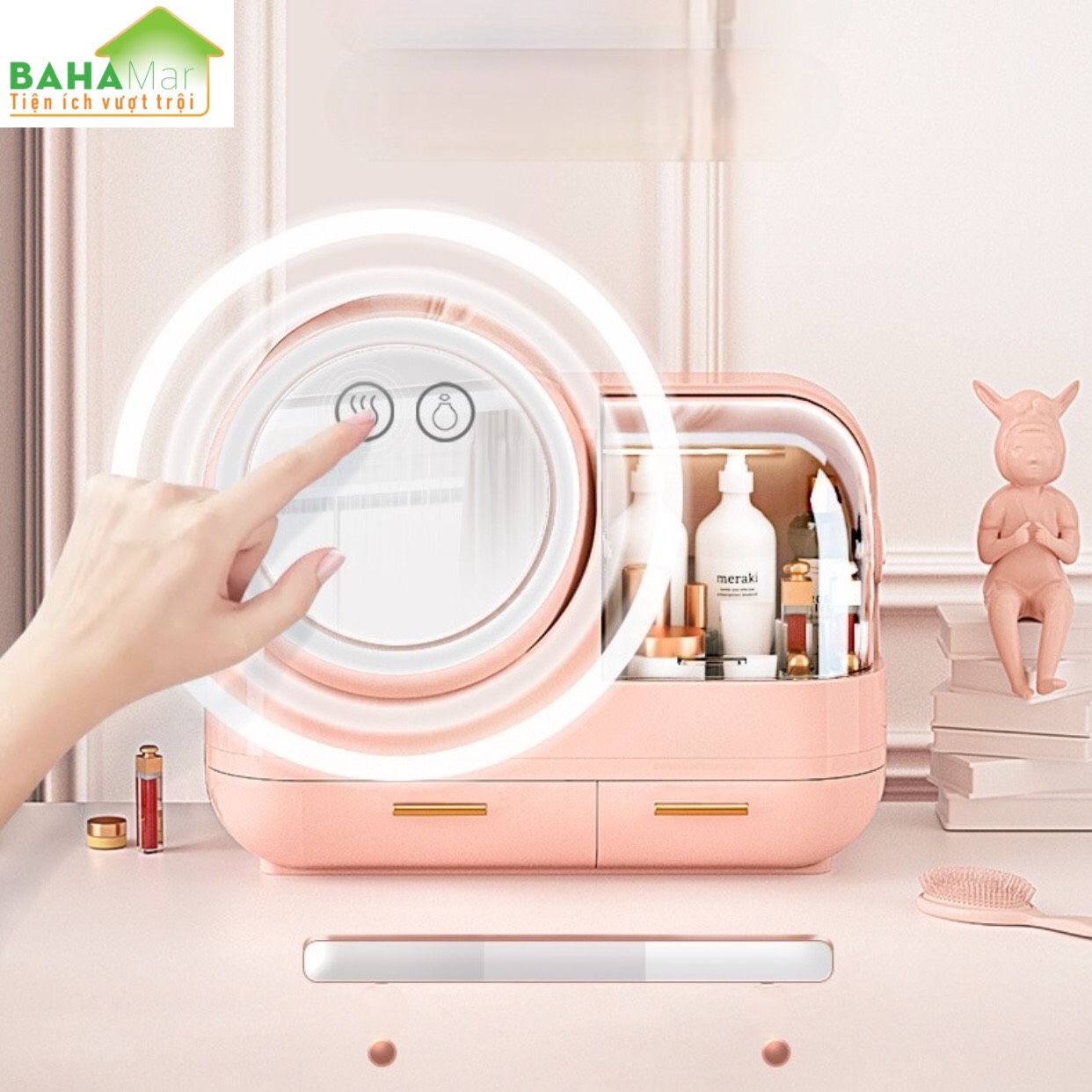 HỘP ĐỰNG MỸ PHẨM CÓ GƯƠNG TRANG ĐIỂM ĐÈN LED QUẠT BAHAMAR có quạt thổi khô lớp trang điểm thiết kế tay cầm dễ dàng xách di chuyển hộp chống bụi v
