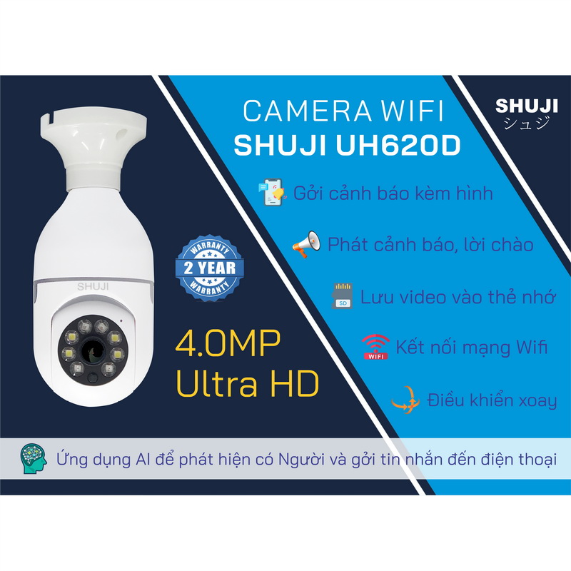 Camera Wifi không dây SHUJI UH620D - Camera bóng đèn - Ban đêm có màu - Báo động khi có trộm đột nhập - 4.0MP cho hình ảnh đẹp gấp đôi Full HD1080 - Hàng chính hãng