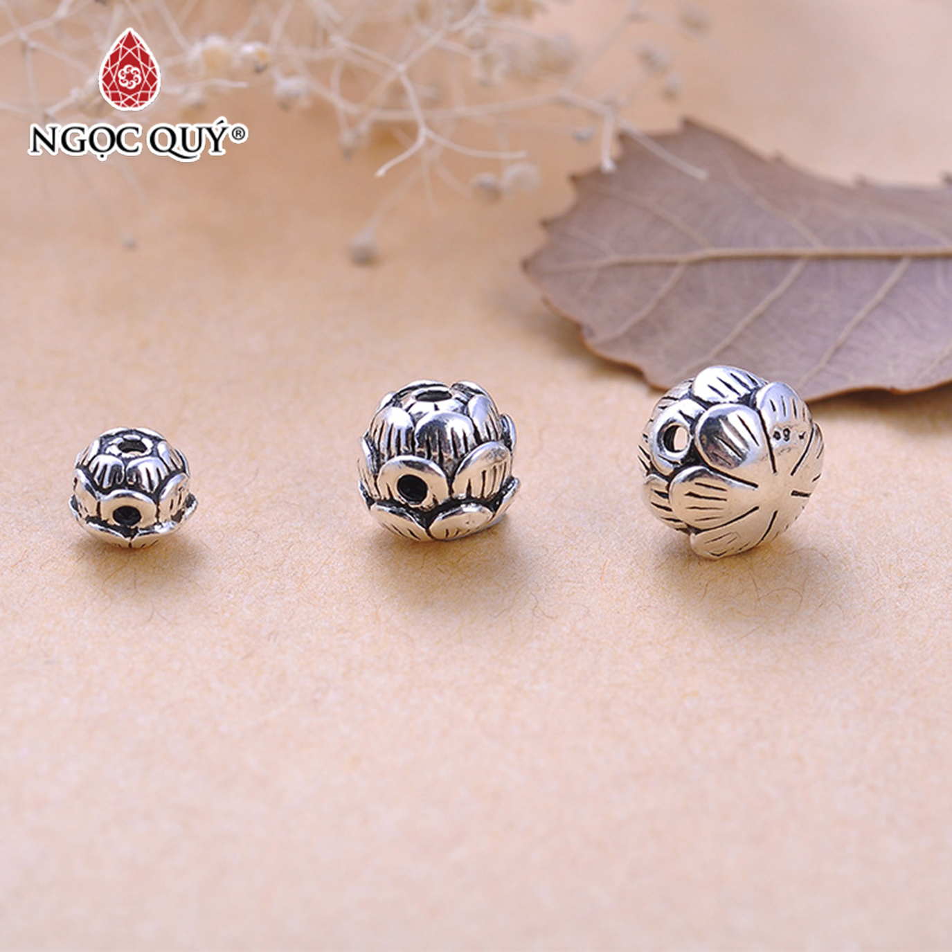 Combo 3 cái charm bạc hoa sen xỏ ngang - Ngọc Quý Gemstones