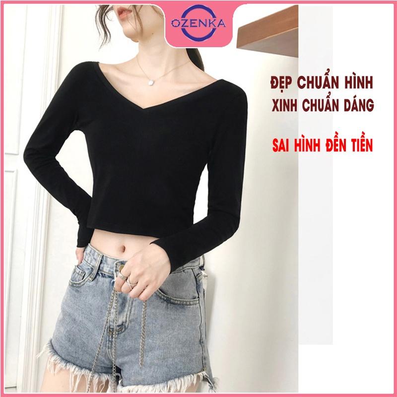 Áo croptop tay dài cổ V ôm body , ao crt mặc đi học đi chơi đẹp thun gân 100% cotton màu đen trắng free size