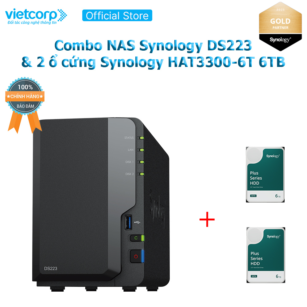 Combo Thiết bị lưu trữ NAS Synology DS223 và 2 Ổ cứng Synology HAT3300-6T  Hàng Chính Hãng