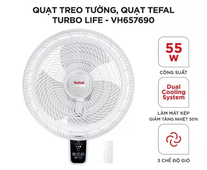 Quạt treo tường, quạt Tefal Turbo Life VH657690 - 55W, 3 chế độ gió- hàng chính hãng