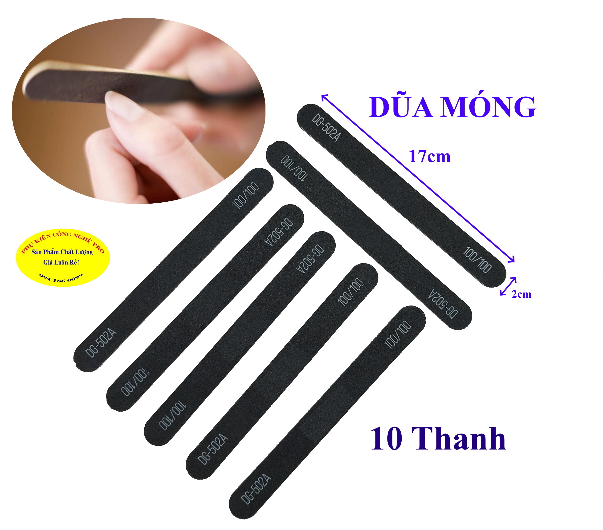 10 Thanh dũa móng Kiểu 2 mặt chà nhám mịn Dài 17cm Màu đen Chất lượng siêu bền