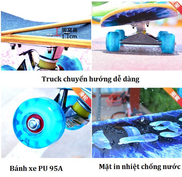 Ván Trượt Skateboard Có Bánh Xe Phát Sáng, Ván Trượt Gỗ Dành Cho Thanh Thiếu Niên - Ván Trượt Trẻ Em 80cm, mặt nhám chống trơn trượt