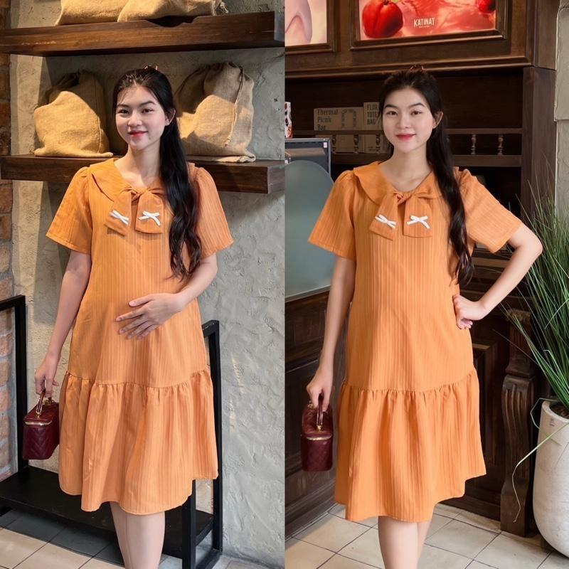 Đầm Bầu Phom Đuôi Cá Phối Cổ Thắt Nơ Chất Xốp Hàn, Nhẹ Mát, Dễ Chịu - Hồng