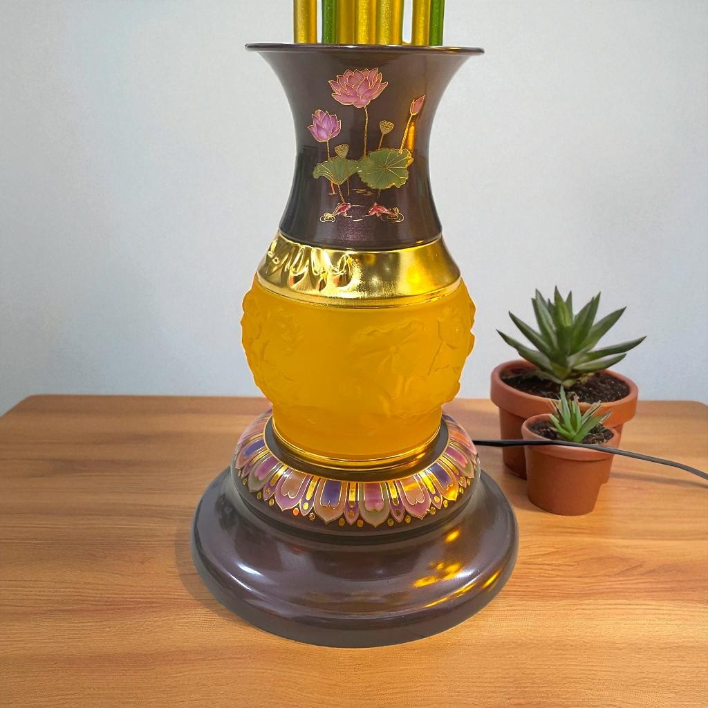 Đèn thờ 5 bông hoa sen gấm đỏ RỒNG VIỆT - Sang trọng, hoàn hảo cho không gian thờ cúng tôn nghiêm.