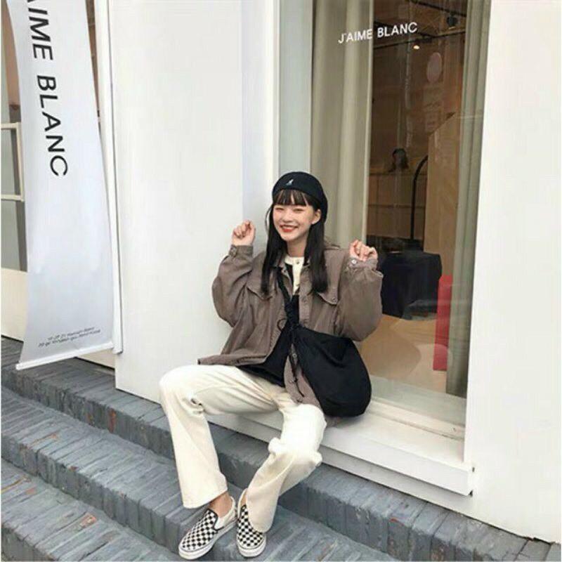 TÚI TOTE ĐEO CHÉO DÂY RÚT - VẢI CANVAS MÀU TRẮNG - ĐEN - PHONG CÁCH ULZZANG