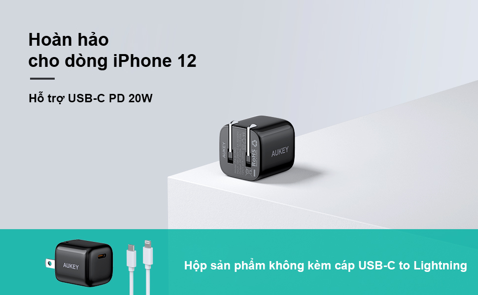 Bộ cáp và củ sạc Iphone hiệu Aukey PA-B1pro và CB-Cl3, 20w dài 0.9m - hàng chính hãng