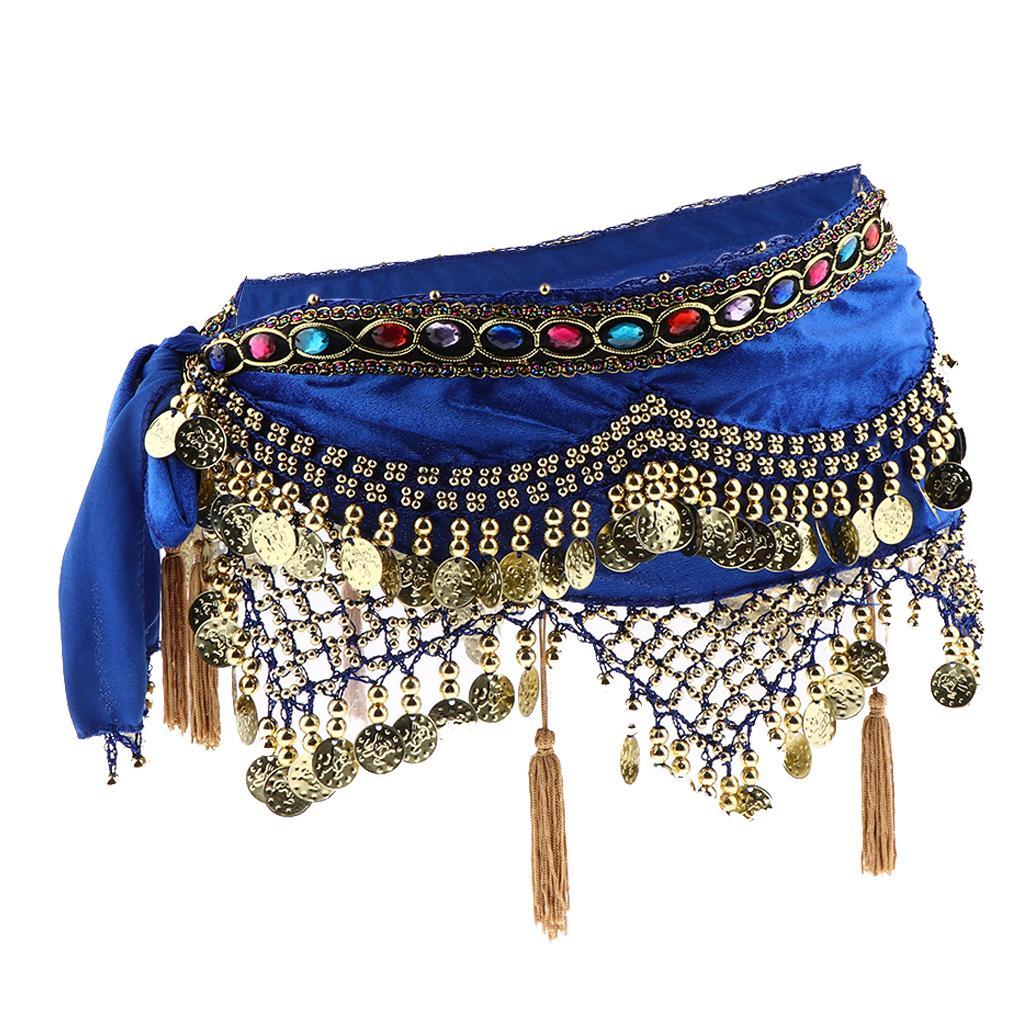Womens Sequins Belly Dance Hip Scarf Wrap Skirt with Gold