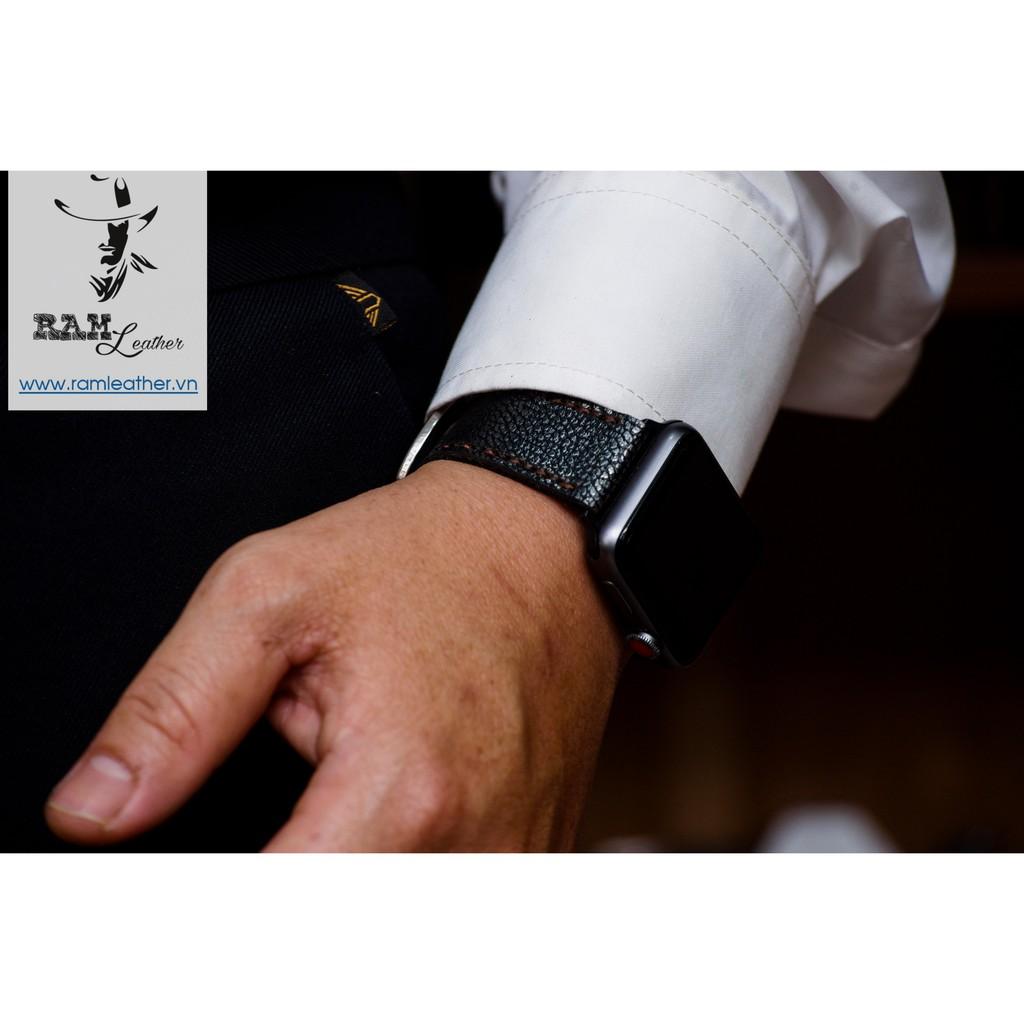 DÂY ĐỒNG HỒ APPLE WATCH HANDMADE CAO CẤP - DA BÒ THẬT - RAM CLASSIC 1956 ĐEN ĐỦ SIZZE APPLE WATCH