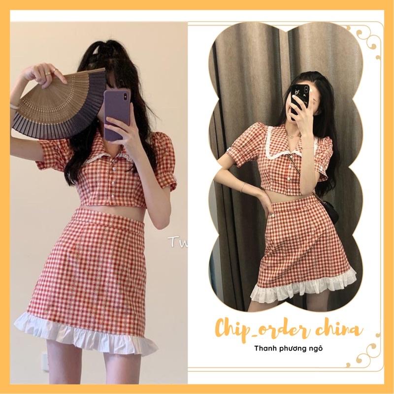 Set váy croptop kẻ ca ro xinh sắn có lót trong váy(hàng sẵn