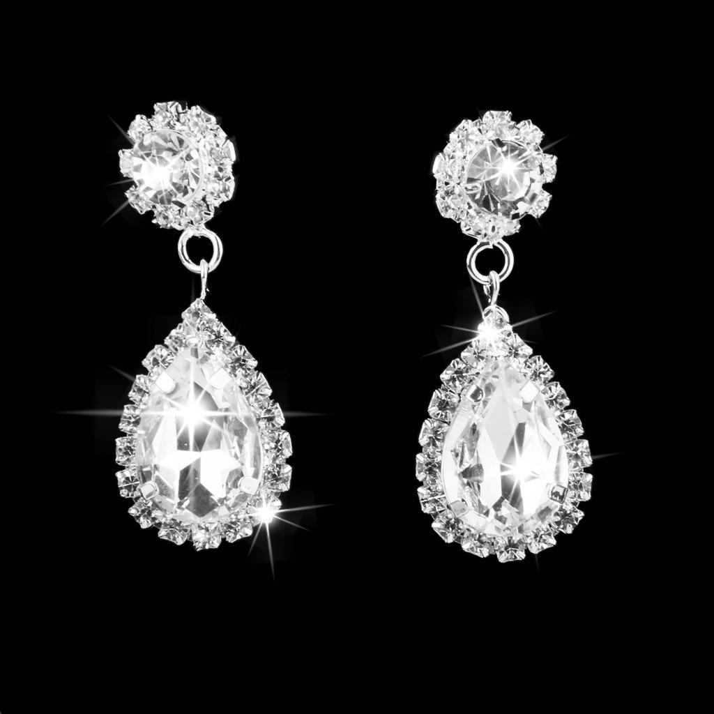 Wedding Prom Bridal Crystal Diamante Tear Drop Necklace Earrings Jewelry Set