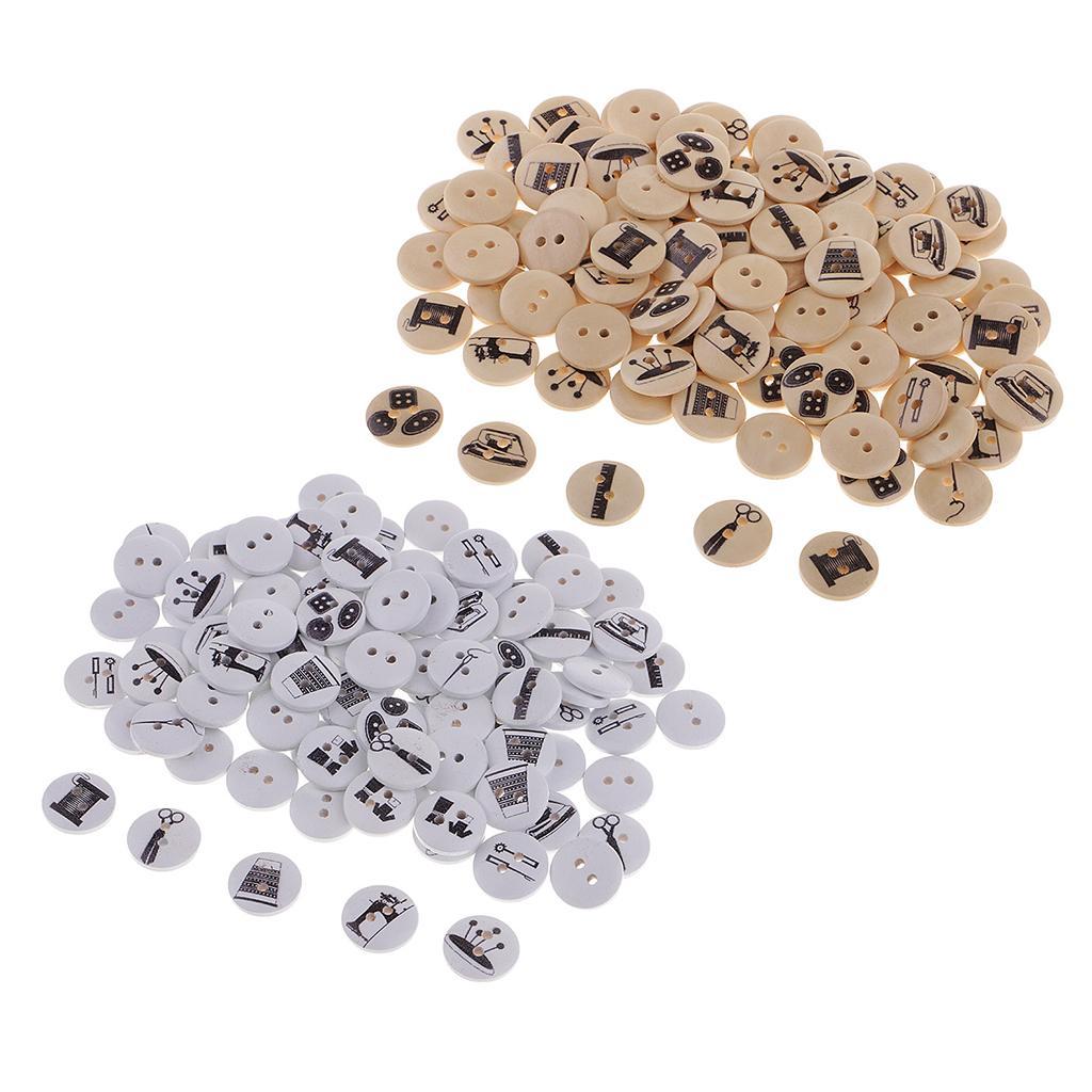 DIY 100Pcs 15mm Round Wood Button 2 Holes Mixed Pattern Sewing Accessories Craft Decoration