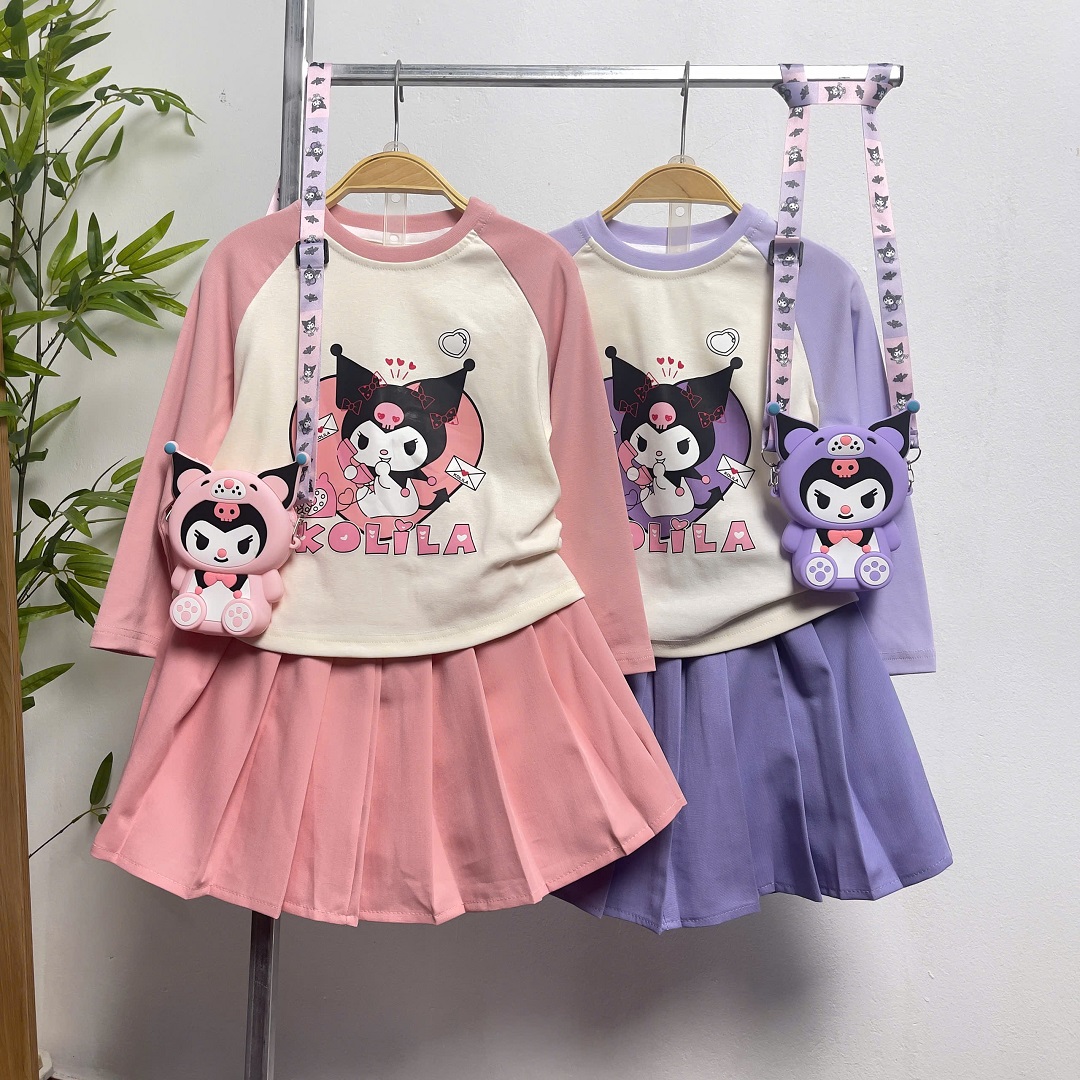 Set váy cho bé gái kèm túi 4-10 tuổi in hình và chữ Kuromi phong cách Hàn Quốc dáng thời trang