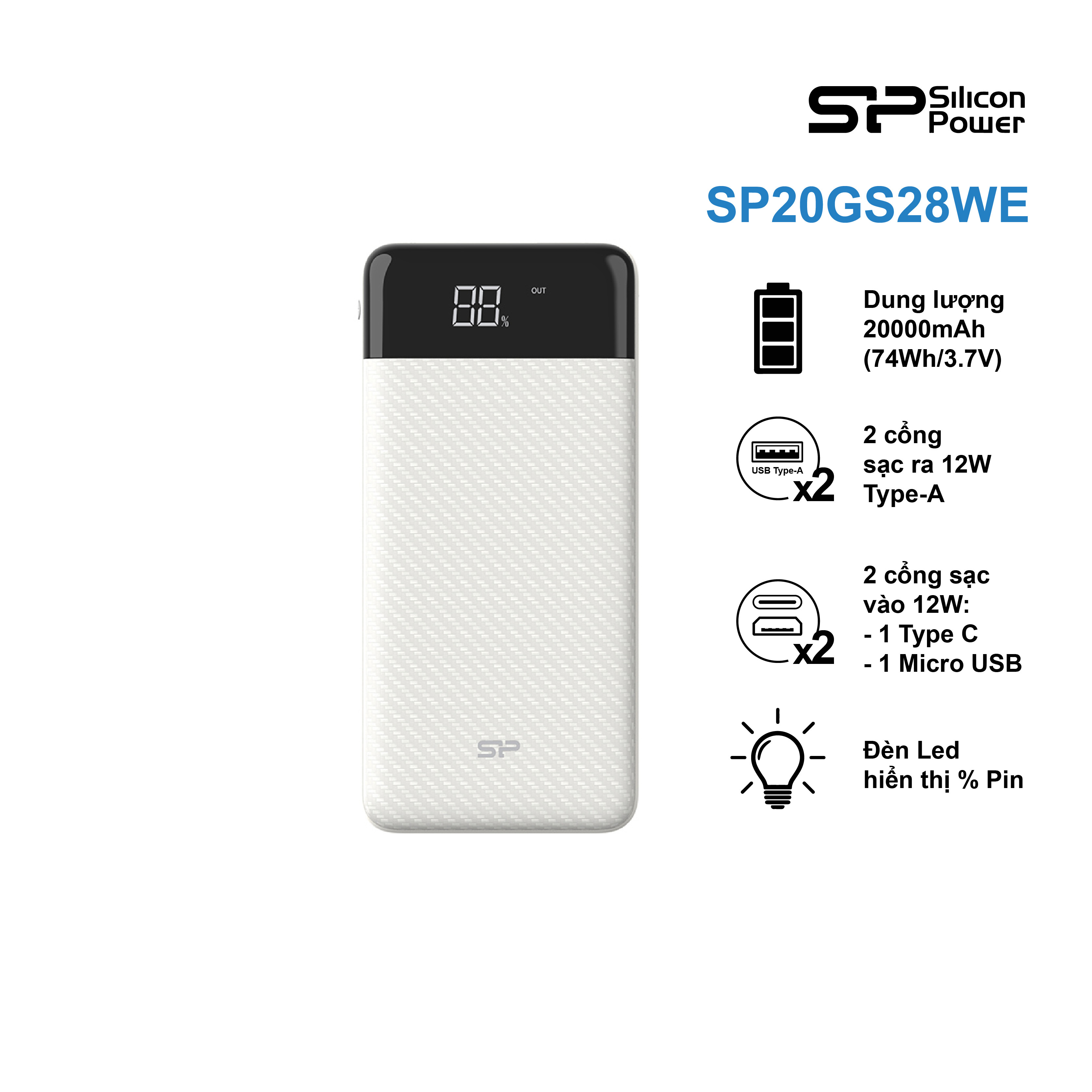 Pin sạc dự phòng Silicon Power GS28 20.000mAh, thiết kế vân carbon - Hàng chính hãng