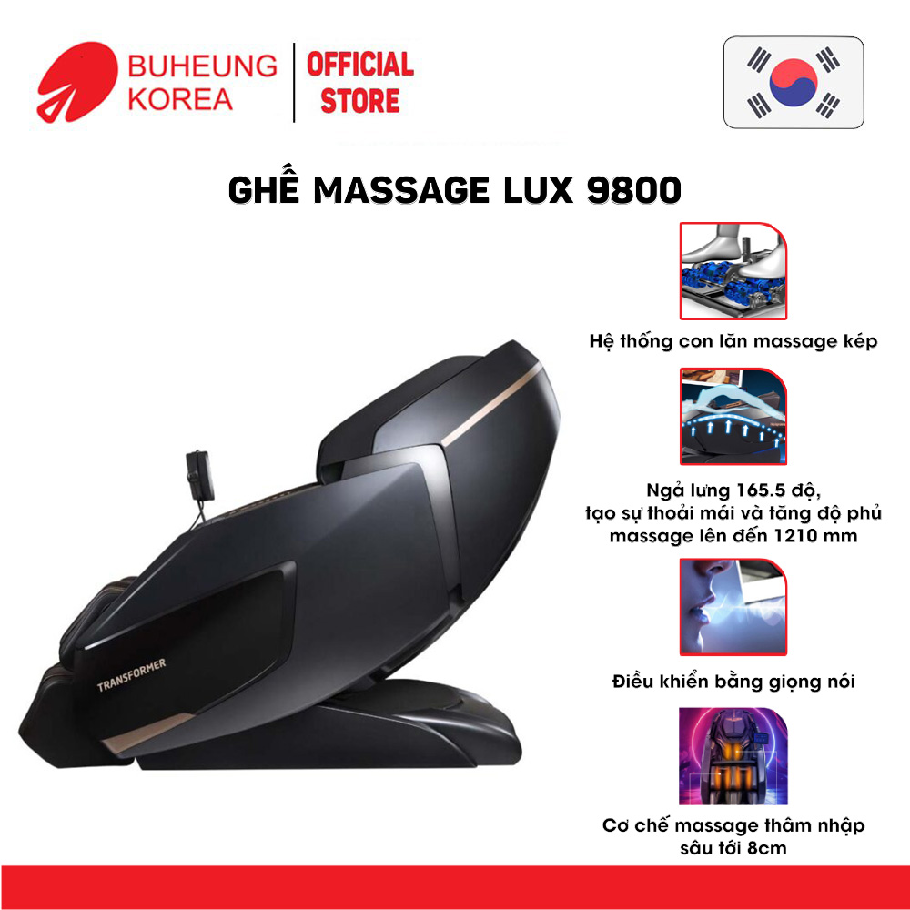 Ghế Massage thương gia cao cấp Buheung LUX-9800, con lăn kép, điều khiển bằng giọng nói, massage chuyên sâu, bảo hành chính hãng