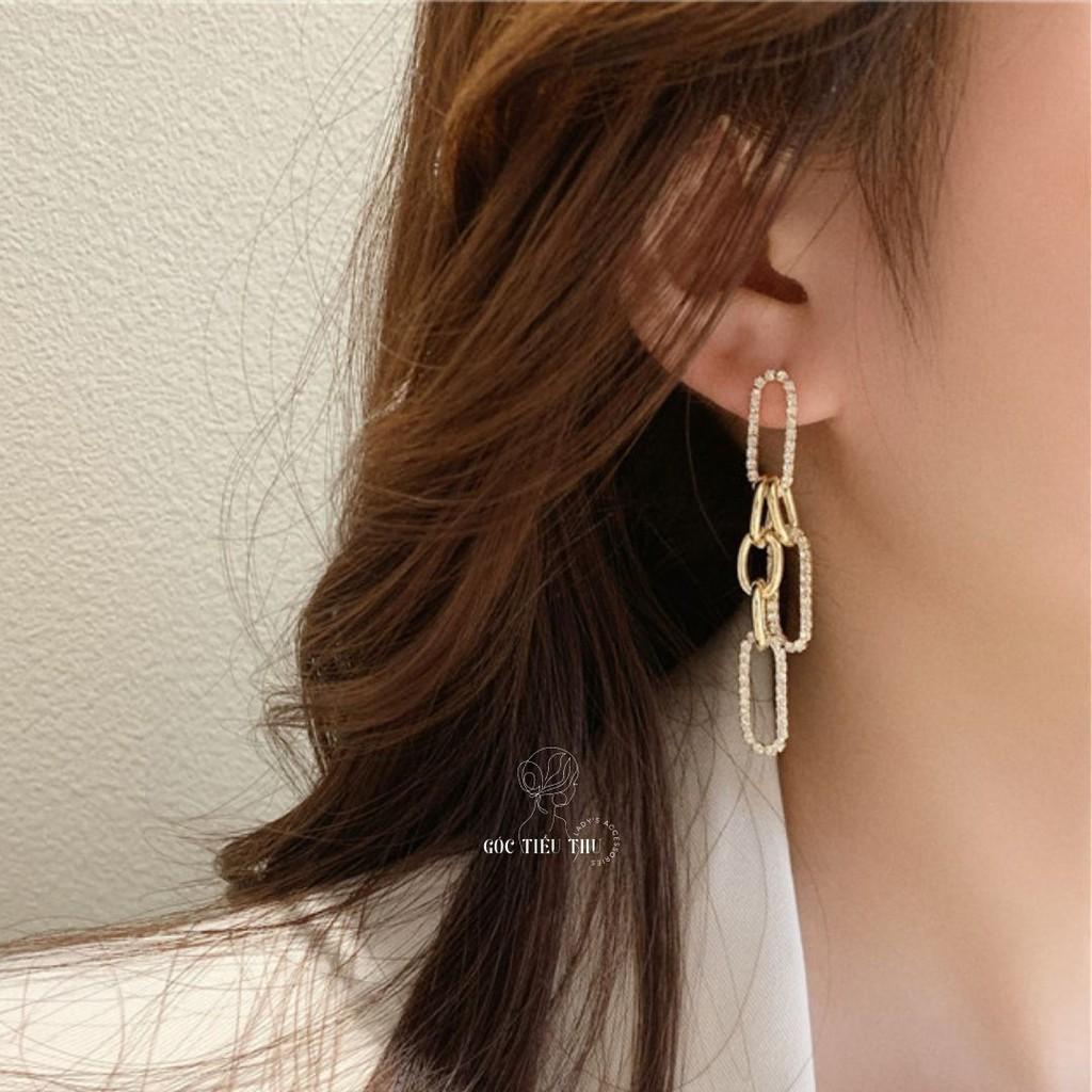 Bông Tai Rơi Xích Tròn Đính Đá Bạc s925 - Trang Sức Phong Cách Hàn Quốc - HT006