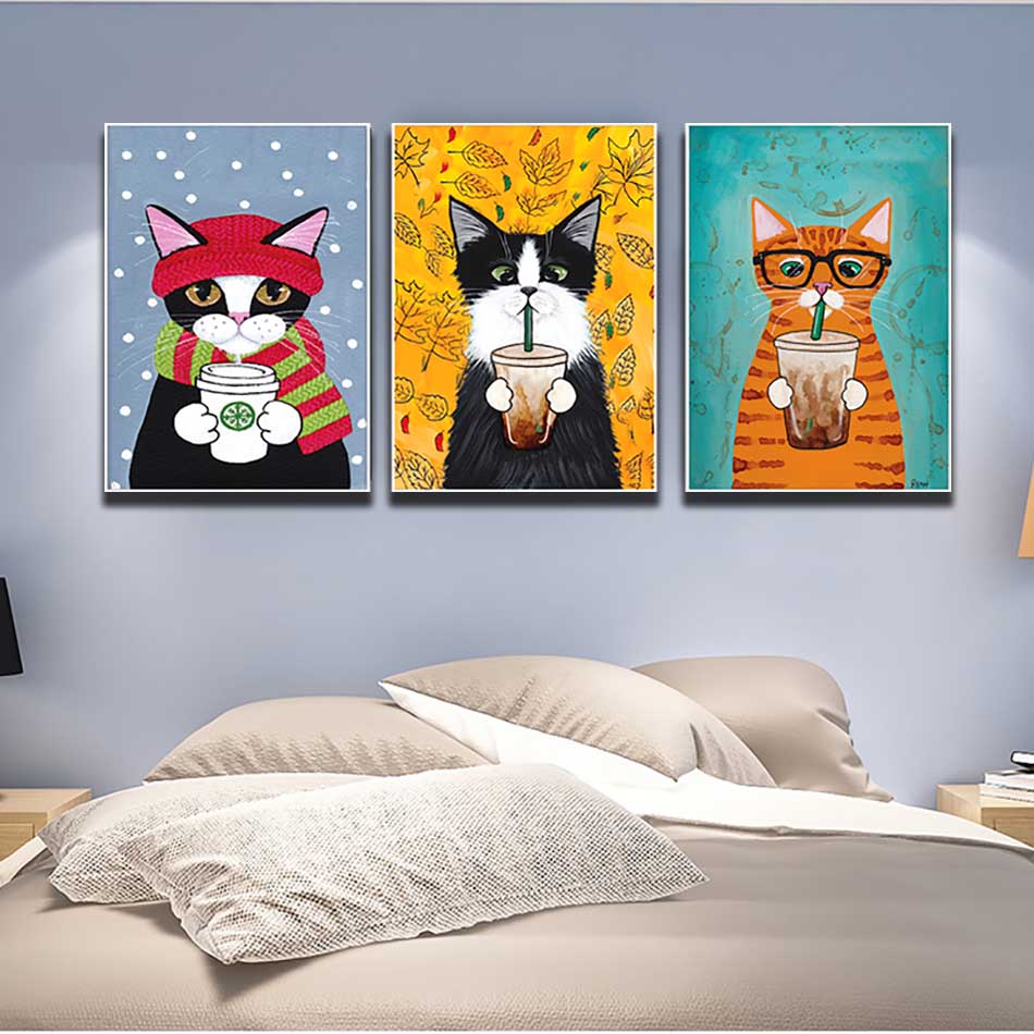 Bộ 3 tranh canvas trang trí phòng trẻ em Những chú mèo cute - TTE011