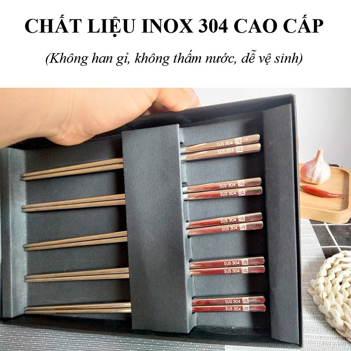 Set 5 đôi Đũa inox 304 dạng ống vuông chống trơn trượt xuất Đức hàng cao cấp