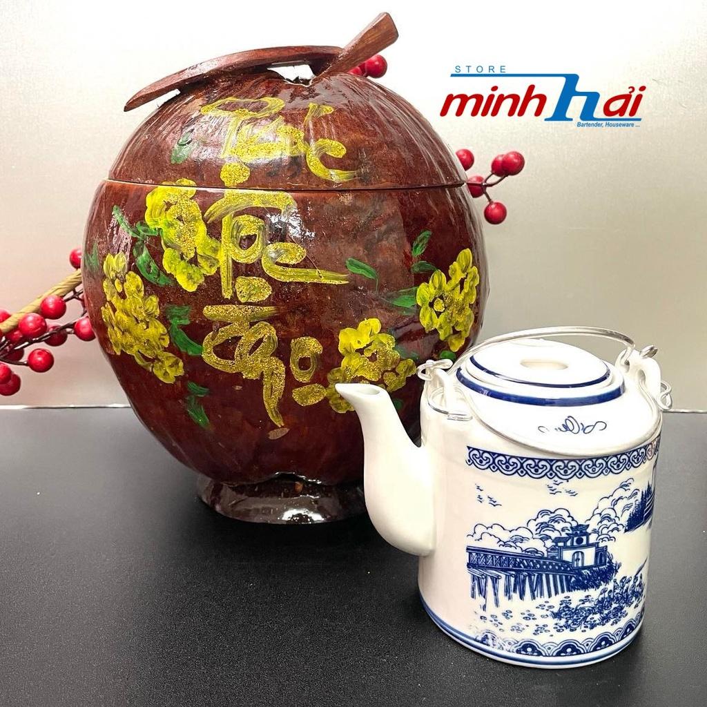 Bình Ủ trà trái dừa THƯ PHÁP - Bộ Tách trà gỗ dừa - Âm bằng sứ. Dụng cụ Ủ trà, Cà phê Truyền thống cổ điển