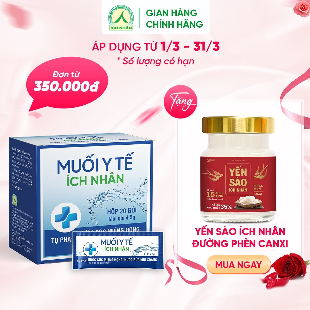 Muối Y Tế Ích Nhân Sát Khuẩn Mũi Họng An Toàn Tiện Lợi - Hộp 20 Gói/2.45g