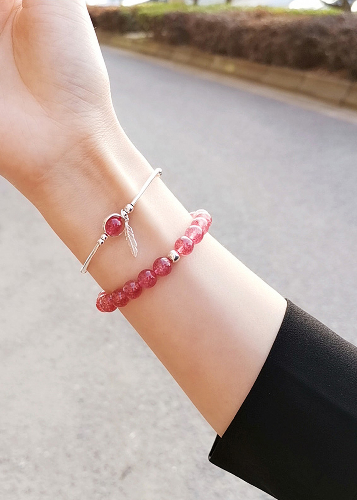 Vòng đôi đá thạch anh dâu phối charm lá bạc mệnh hỏa, thổ - Ngọc Quý Gemstones