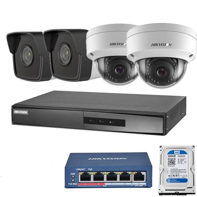 Trọn bộ 4 camera IP bán cầu và thân trụ HIKVISION, Đầu ghi hình 4 kênh Ip, xem lại lịch sử gần 1 tháng,chuẩn Net Full HD - Hàng Chính Hãng