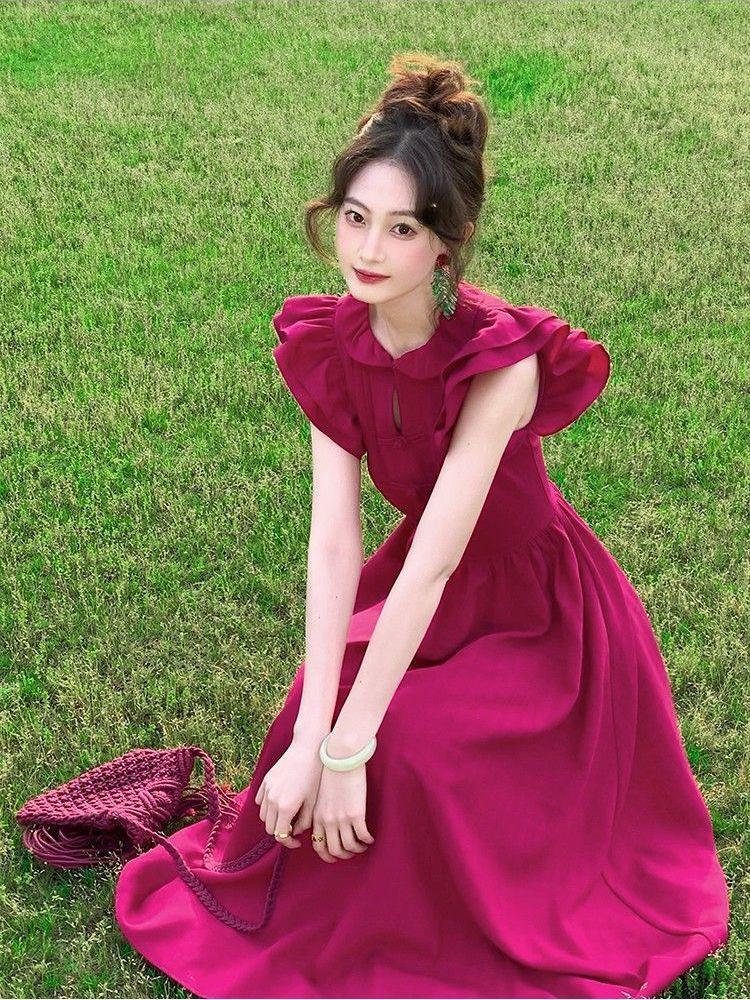SHUANGYAN Phong cách Pháp phục cổ màu đỏ Tiểu Phi tay áo đầm nữ mùa hè thu eo lộ ra gầy chữ A váy đầm khí chất cao cấp cảm giác váy dài
