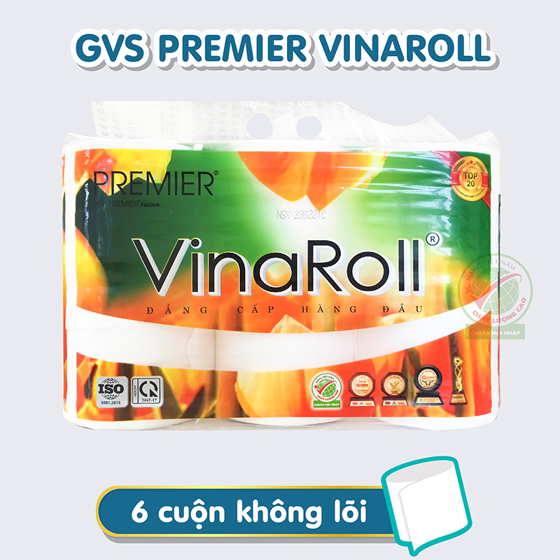[COMBO 3 LỐC] Giấy vệ sinh Premier VinaRoll không lõi, 3 lớp 100% bột giấy nguyên sinh, không chất tẩy lốc 6 cuộn