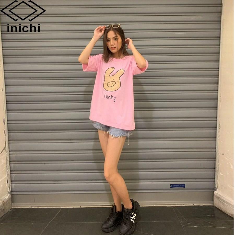 Áo thun Unisex INICHI tay lỡ form rộng phong cách nam nữ - in hình chú heo lucky - A661 màu hồng