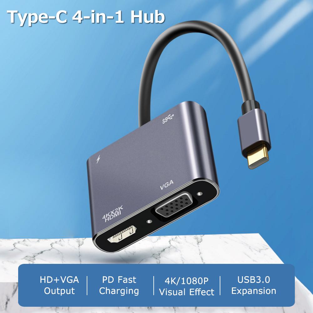 Multi-use 4-in-1 Type-C Hub Type-C Converter Aluminum Alloy Shell up to 4K Resolution HD+VGA+USB3.0+PD Charging Ports
