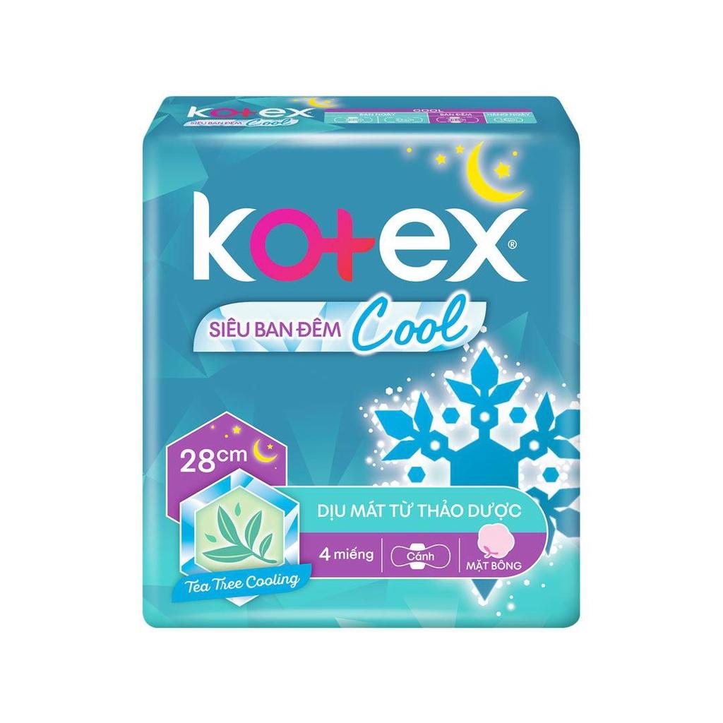 Combo 8 Gói Băng Vệ Sinh Kotex siêu ban đêm Cool mặt bông cánh 28cm Gói 4 Miếng x8