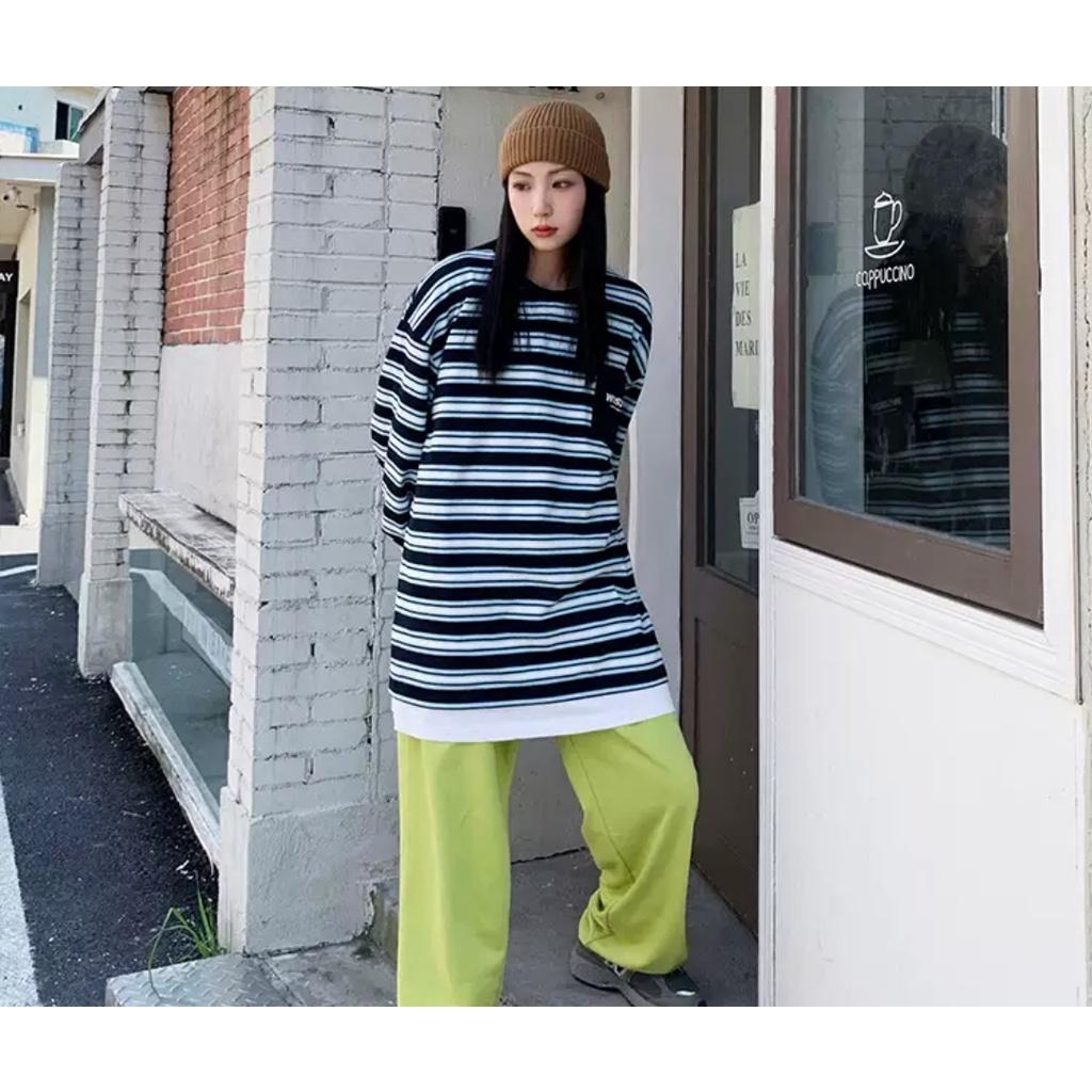 Áo dài tay kẻ ngang MEANSTORE phông Unisex nam nữ tee oversize form rộng pull Ulzzang Hàn Quốc vải mềm- Kẻ đen xanh