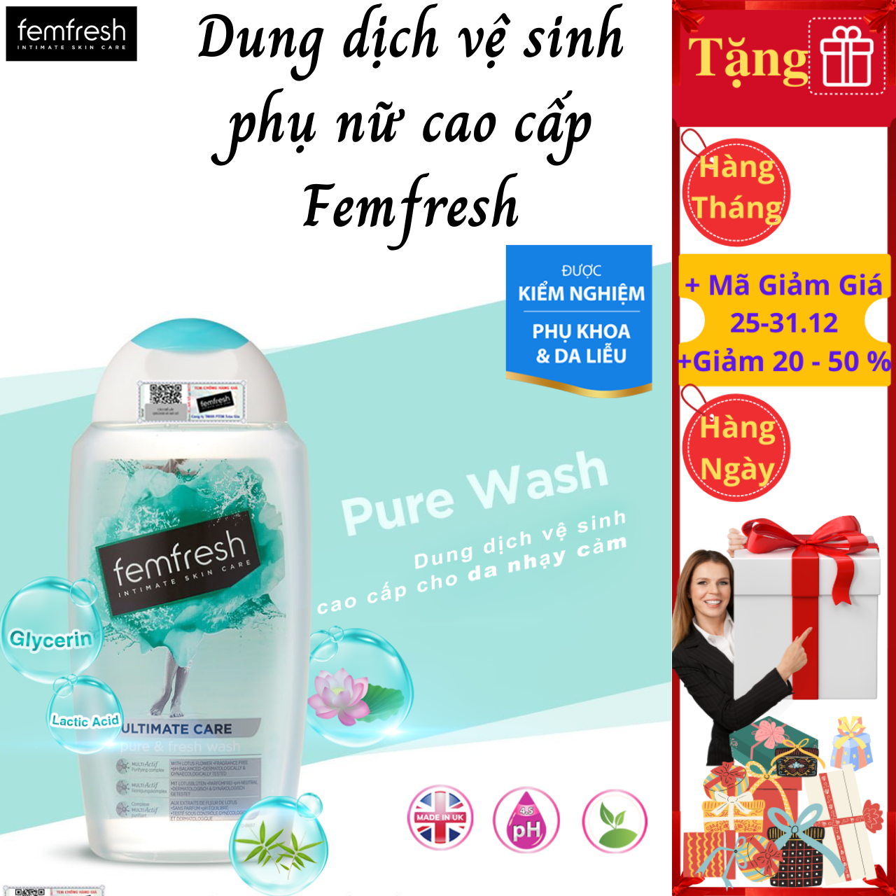 Dung dịch vệ sinh phụ nữ cao cấp cho da nhạy cảm Femfresh Pure &amp; Fresh Wash 250ml, làm sạch thơm, kháng viêm, kháng khuẩn