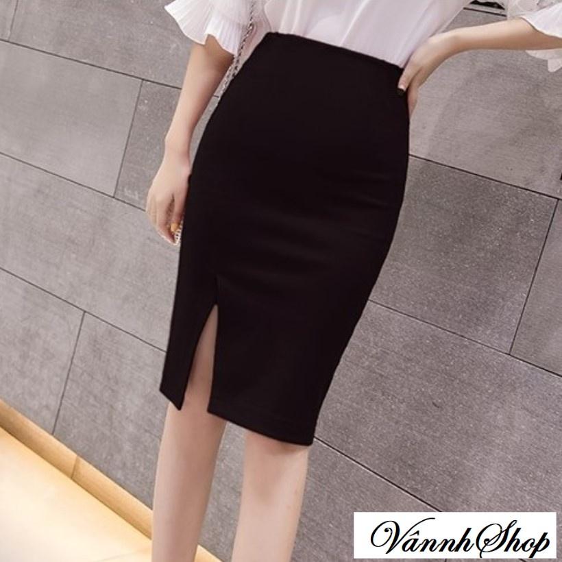 Chân váy bút chì công sở, Dáng ngắn, Màu đen, Dài 53cm Vải kaki thun co giãn thoáng mát New Design