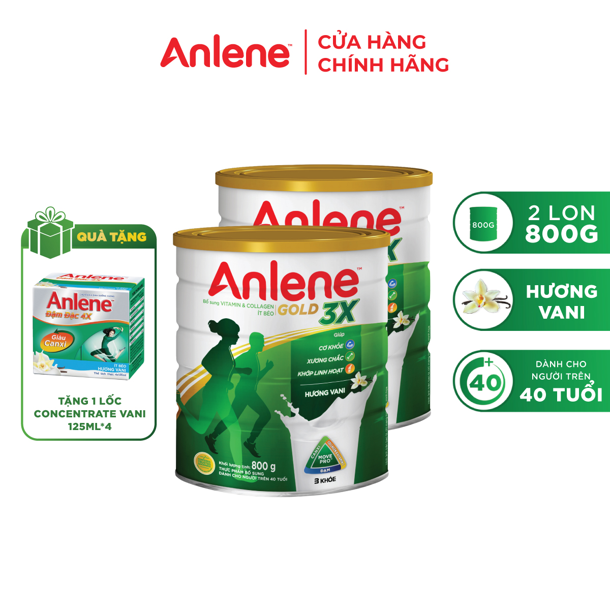 Combo 2 Sữa Bột Anlene Gold 3X Hương Vanilla (Hộp thiếc 800g) - Tặng 1 lốc concentrate Vani 125ml*4