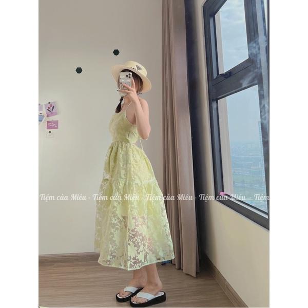 Váy maxi cổ yếm hở lưng vải voan kính hoa đi biển cực xinh tiệm của miêu