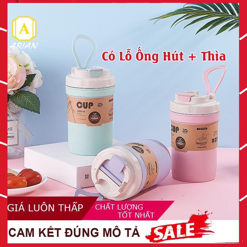 Cốc Lúa Mạch Giữ Nhiệt Dung Tích 500ML Và 420ML Kèm Thìa Có Lỗ Hút Thân Thiện Môi Trường