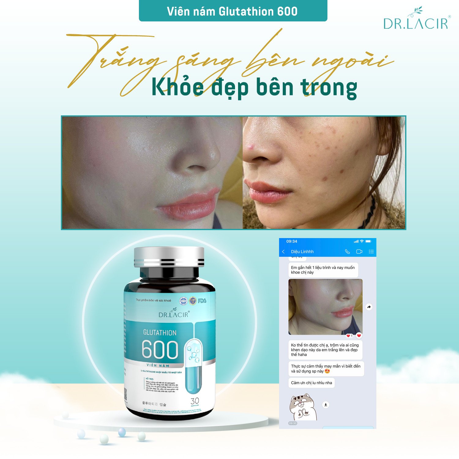 Glutathione 600 - Viên Uống Trắng Da Glutathione Dr.Lacir :Đẹp Da, Mờ Nám, Cân Bằng Nội Tiết Tố (Chính Hãng Dr Lacir)