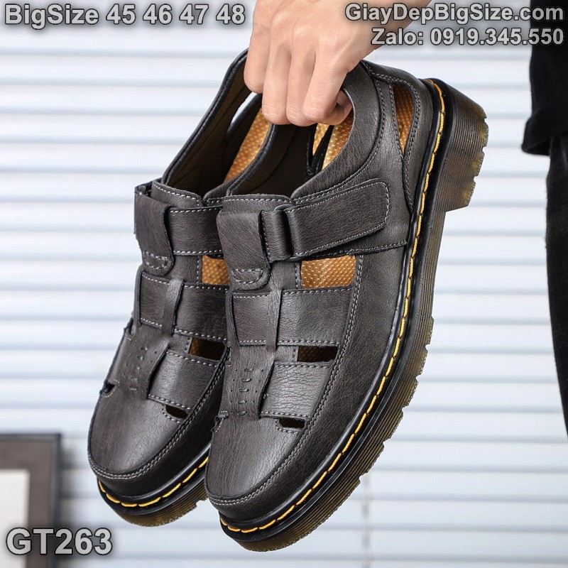 Giày xăng đan da thật đế kếp, giày tây quai dán cỡ lớn 45 46 47 48 cho nam chân to. Big size leather shoes for wide feet