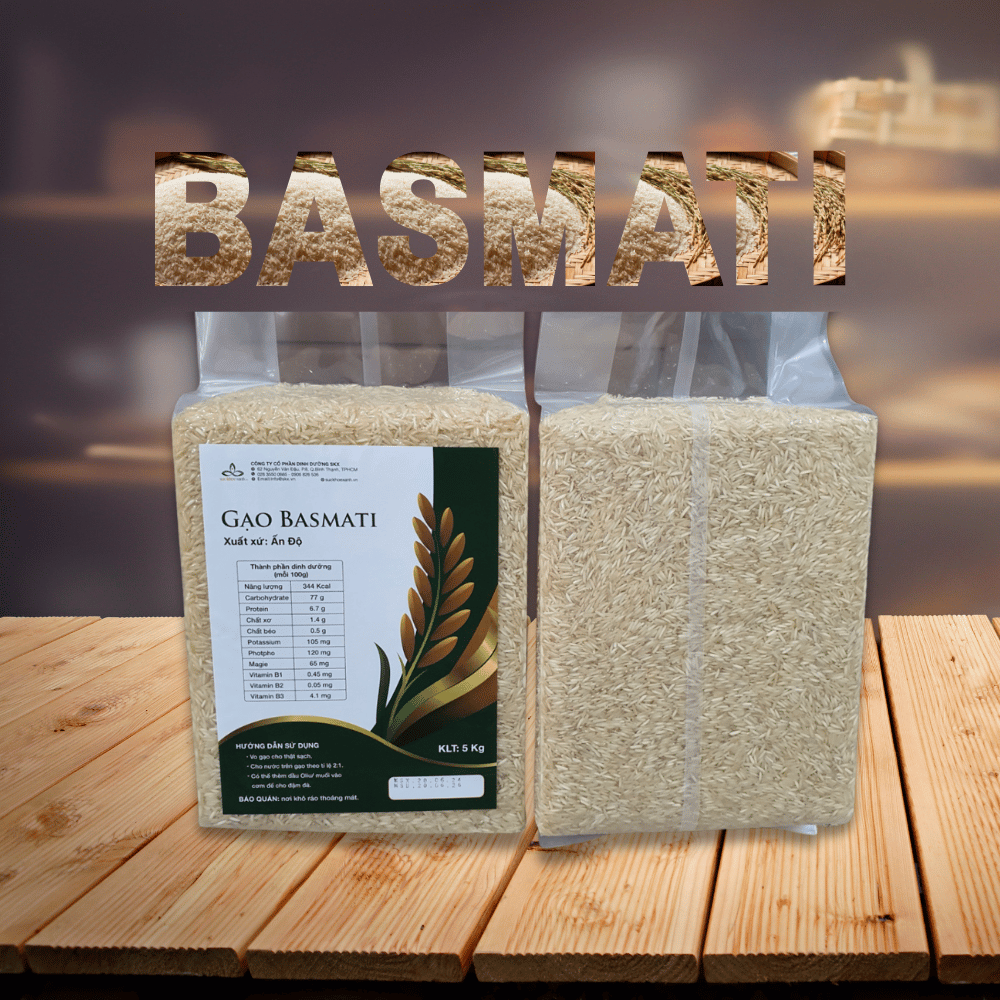 Gạo Basmati 1509 Ấn Độ Túi 5kg Chính Hãng – Hạt Dài, Tơi Xốp, Thơm Tự Nhiên, Ít Đường, Nhẹ bụng, Giàu giá trị dinh dưỡng, Phù Hợp Ăn kiêng, Eat Clean