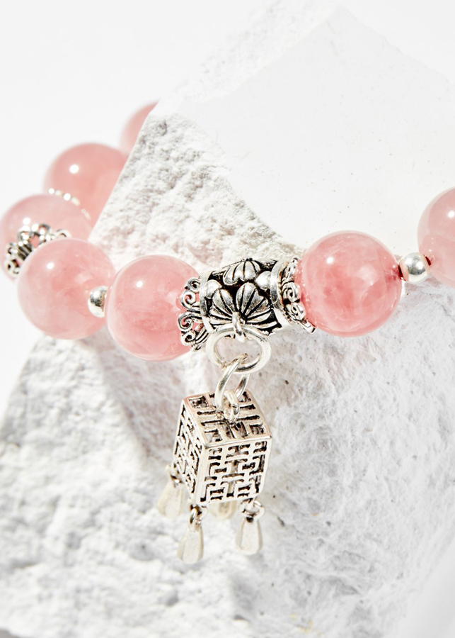 Vòng Tay Phong Thủy Đá Thạch Anh Hồng Phối Charm Đèn Lồng Bạc Mệnh Hỏa, Thổ Ngọc Quý Gemstones