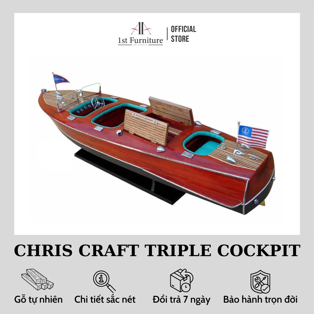 Mô hình cano CHRIS CRAFT TRIPLE COCKPIT cao cấp, mô hình thuyền gỗ tự nhiên sang trọng lắp ráp sẵn 1st FURNITURE